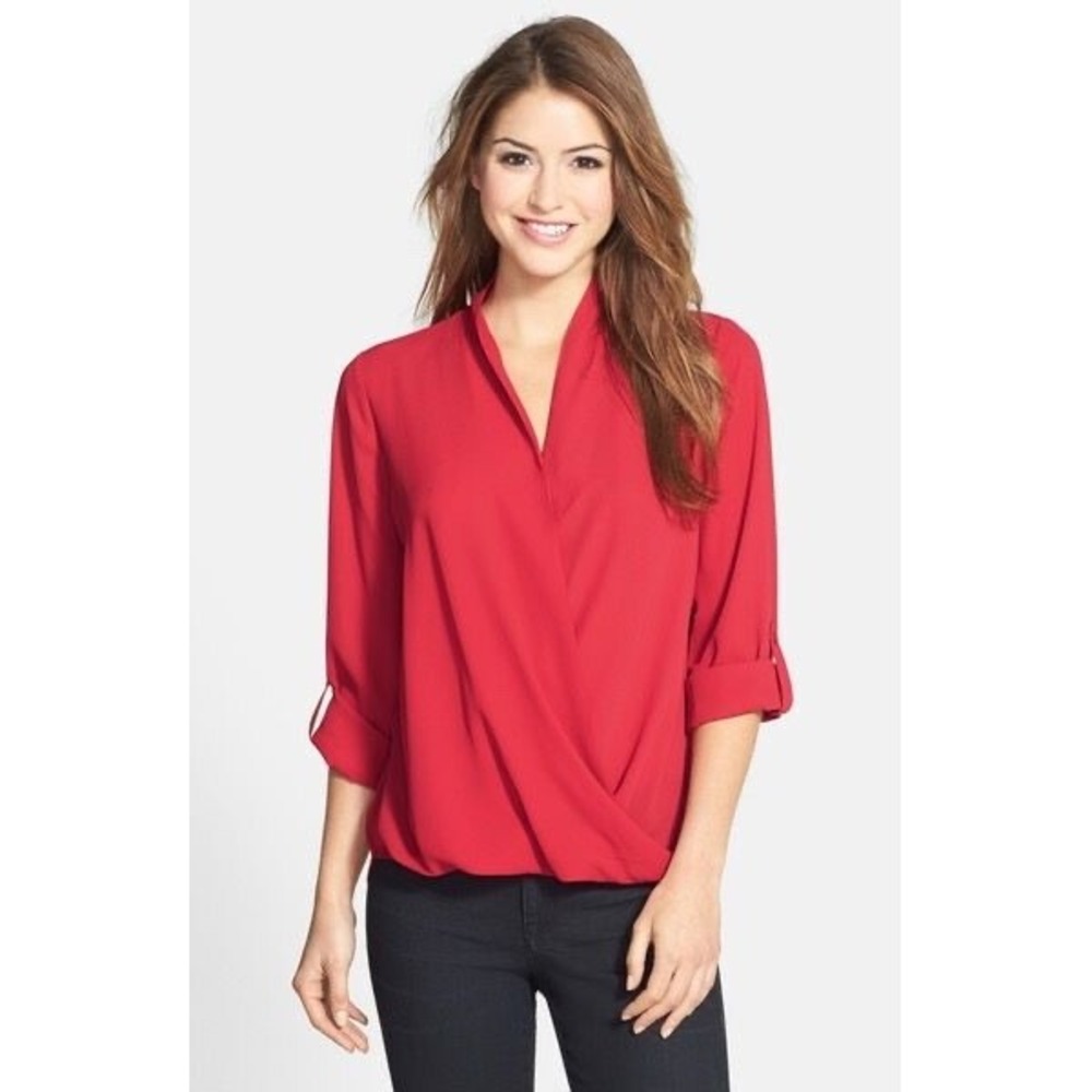 Anthro PLEIONE Top Women Large Red Roll Tab Sleeve V-Neck Faux Wrap Hi Lo Hem
